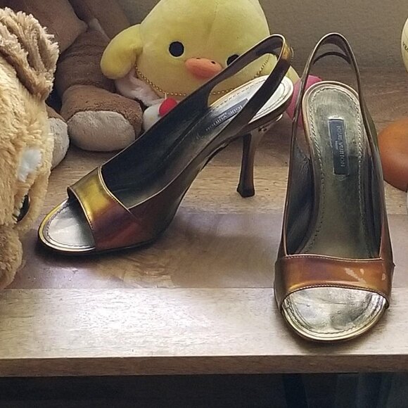 Louis Vuitton Strappy Heels, Multichrome Bronze Red Gold Open Toe Pumps - Picture 2 of 6